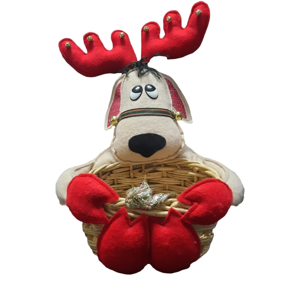 Reindeer Basket Felt Doulies Christmas Holiday Large Folksy Jingle Bells